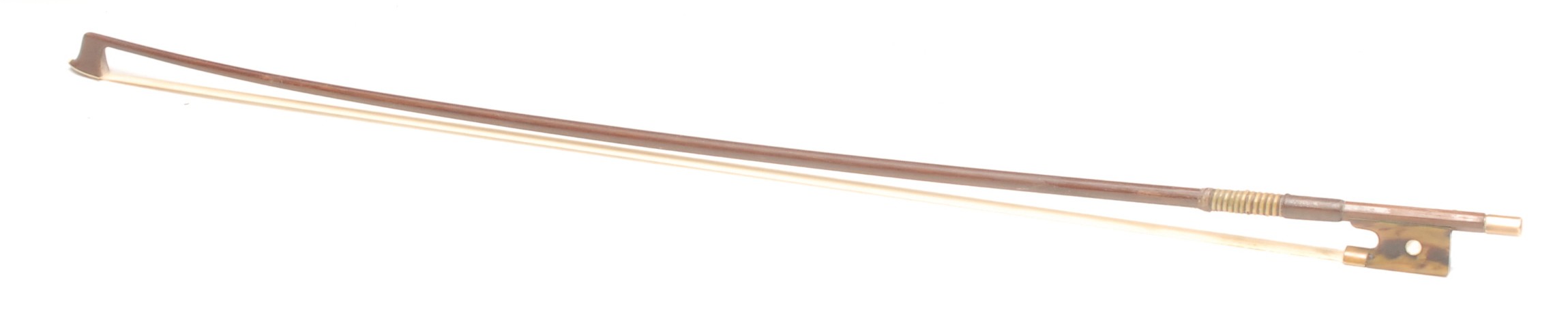 A violin bow, stamped Grimm, tortoiseshell frog inlaid with abalone shell, 74cm long