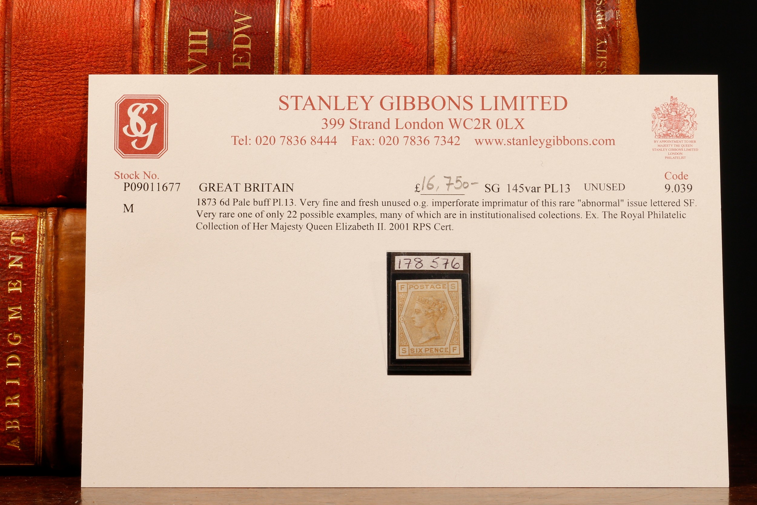 Stamps - QV 1873 6d pale buff PL.13 very fine and fresh, unused own gum, imprimatur of this rare 'abnormal' issue, lettered SF, extremely rare, one of only 22 possible examples, many of which are in institutionallised collections, ex-The Royal Philatelic Collection of Her Majesty Queen Elizabeth II, plus 2001 RPS certificate