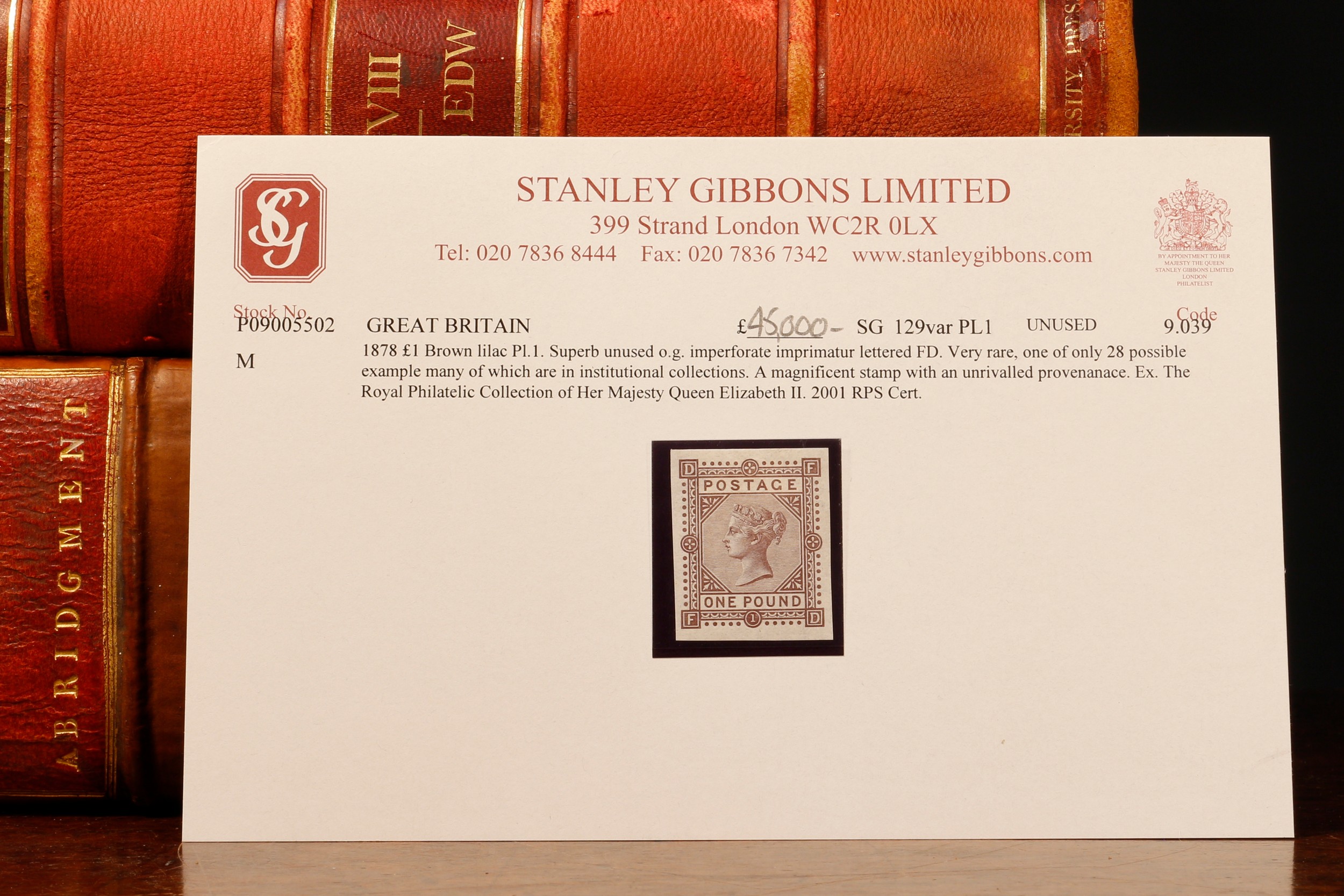 Stamps - QV 1878 £1 brown-lilac PL1 superb unused OG, imperforate, stamp Imprimatur lettered FD very rare, one of only 28 possible, many of which are in institutional collections, a magnificent stand with an unrivalled provenance, ex-The Royal Philatelic Collection of Her Majesty Queen Elizabeth II and with 2001 RPS certificate
