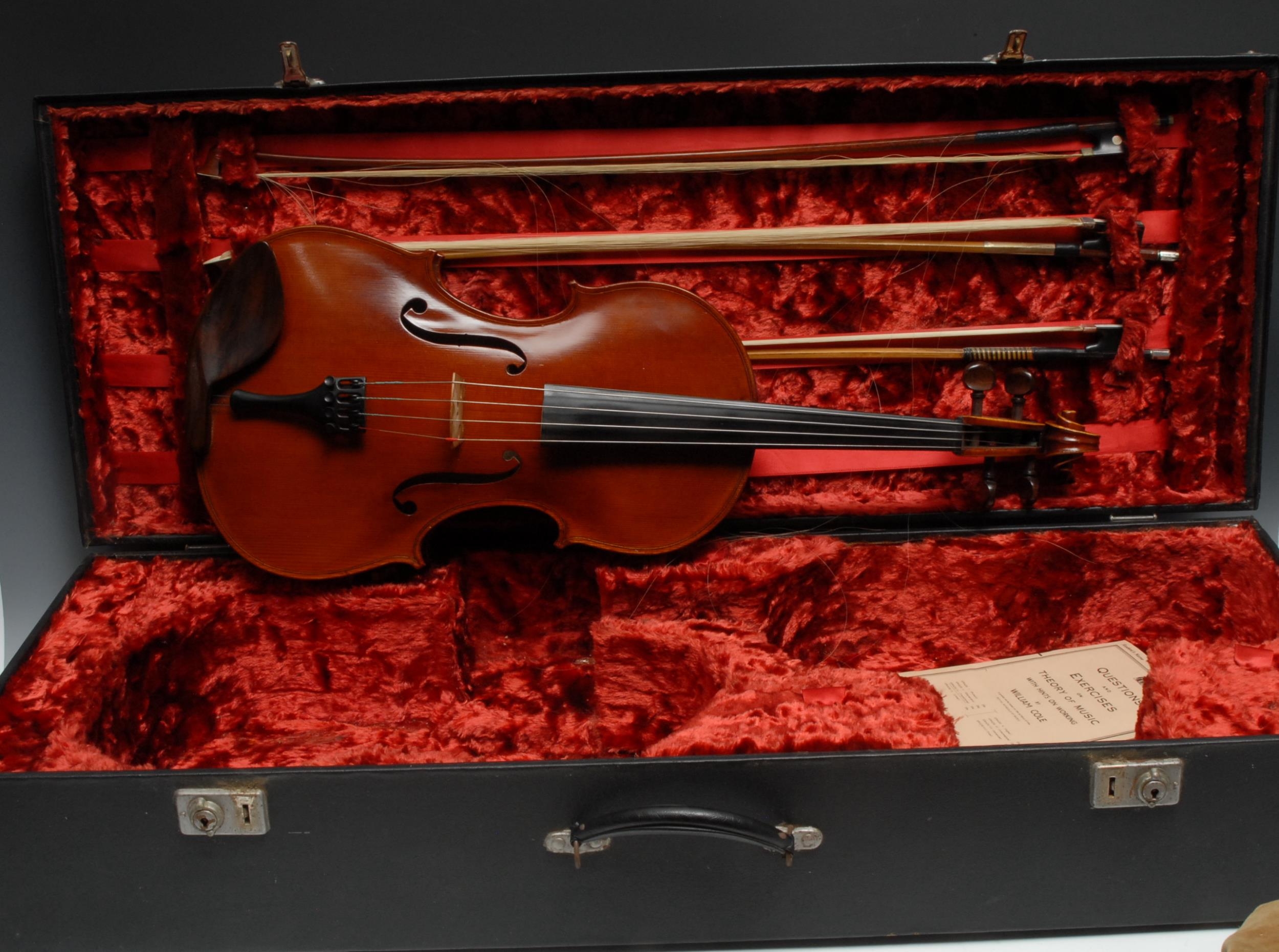 A viola, by Lawrence Cocker, Derby, the two-piece back 42cm excluding button, outlined throughout with purfling, 69cm long over, MS labelled and dated 1967, three bows