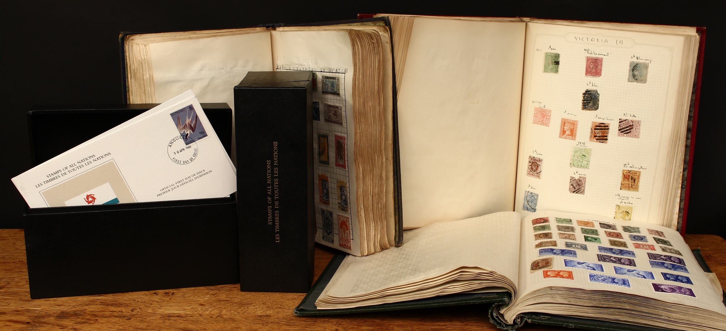 Stamps - an eclectic mix of material in three large albums and two boxes, FDC sets including 4 x 1d Blacks, all a/f, and other QV examples, £1 blue green, 10/- Ultramarine, etc, British Commonwealth A-Z low values, MINT and USED, potential
