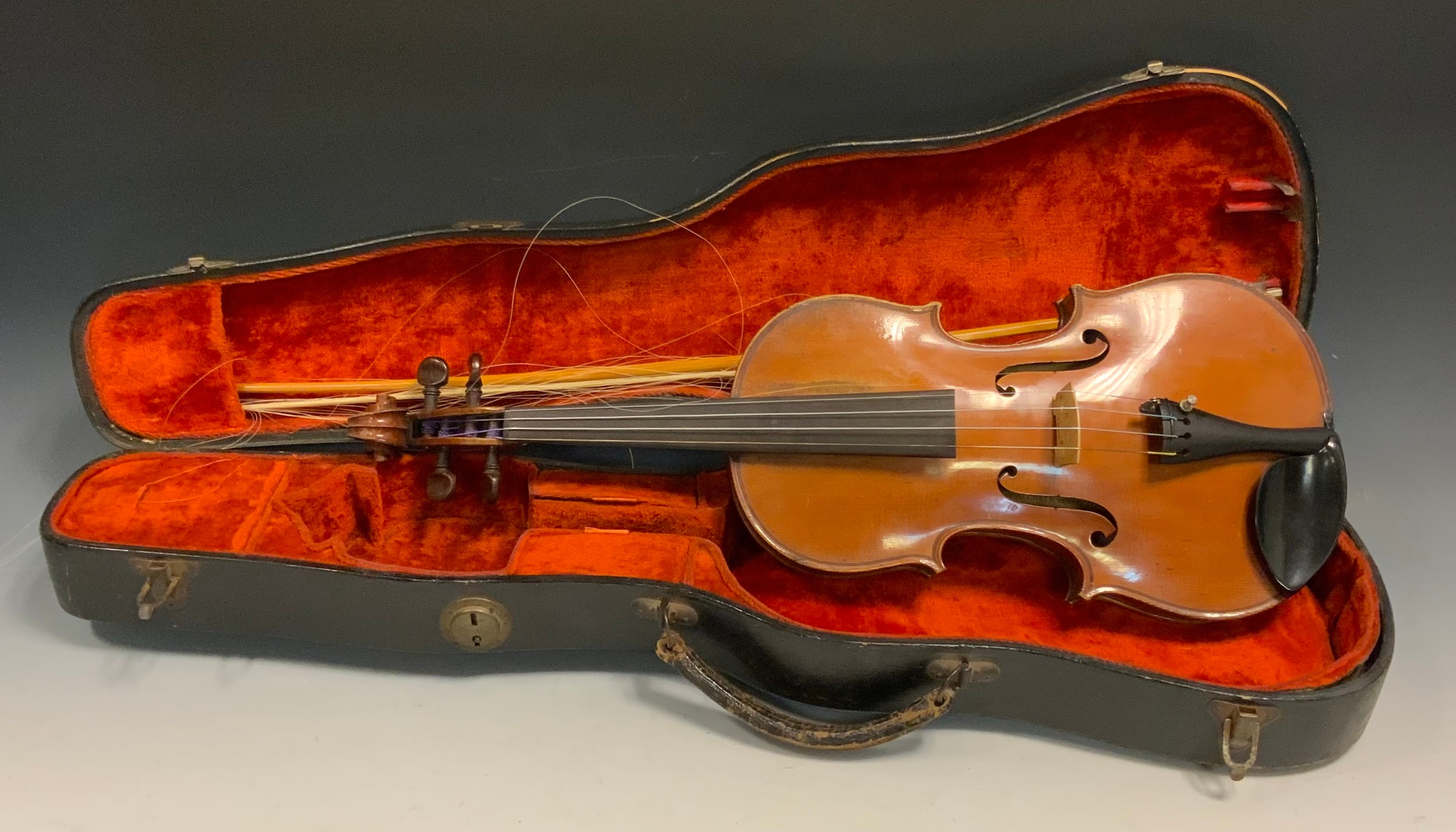 A full size French violin by Jean-Baptiste Colin, with 'Lutherie Artistique' label, with two-piece back, length of back 35.8cm, cased with L Cocker bow, bone tip.  serial number 903574.