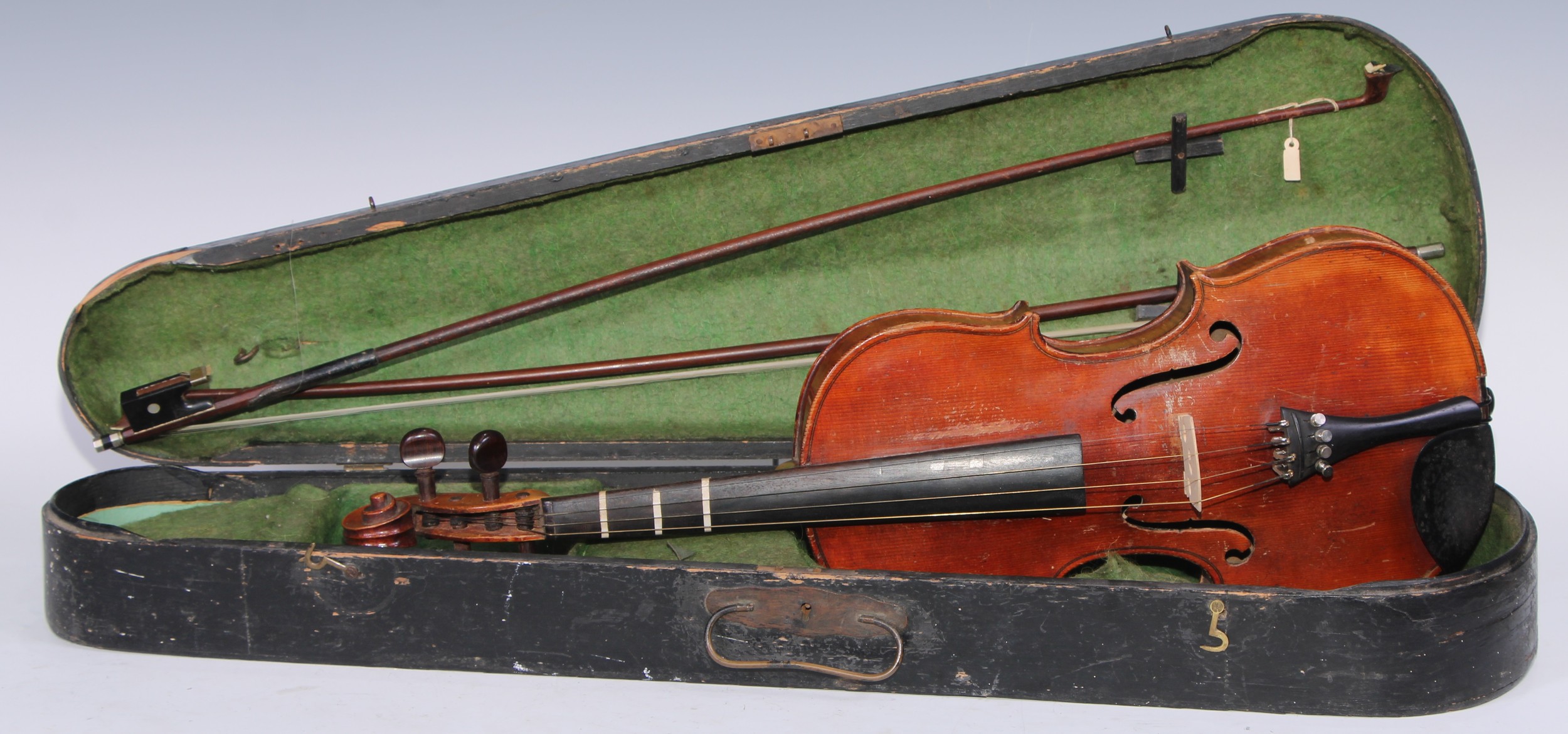 A violin, The Maidstone by John G Murdoch & Co Ltd, London, the one piece back 36cm long excluding button, outlined with purfling, rosewood tuning pegs, 60cm long overall, cased, the bows unsigned