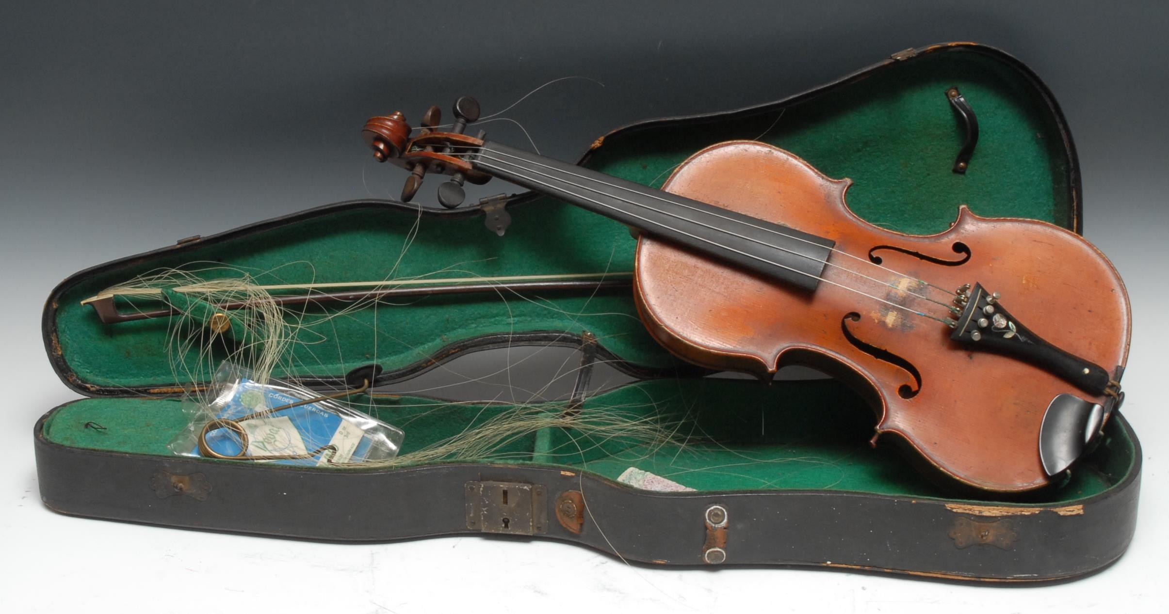 A French violin, by Chipot-Vuillaume, 35.5cm two-piece back excluding button, outlined with purfling, 59cm long overall, cased, the unsigned bow 73cm long